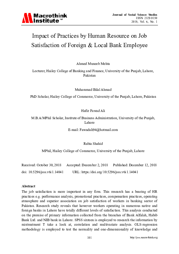 (PDF) Impact of Practices by Human Resource on Job Satisfaction of ...
