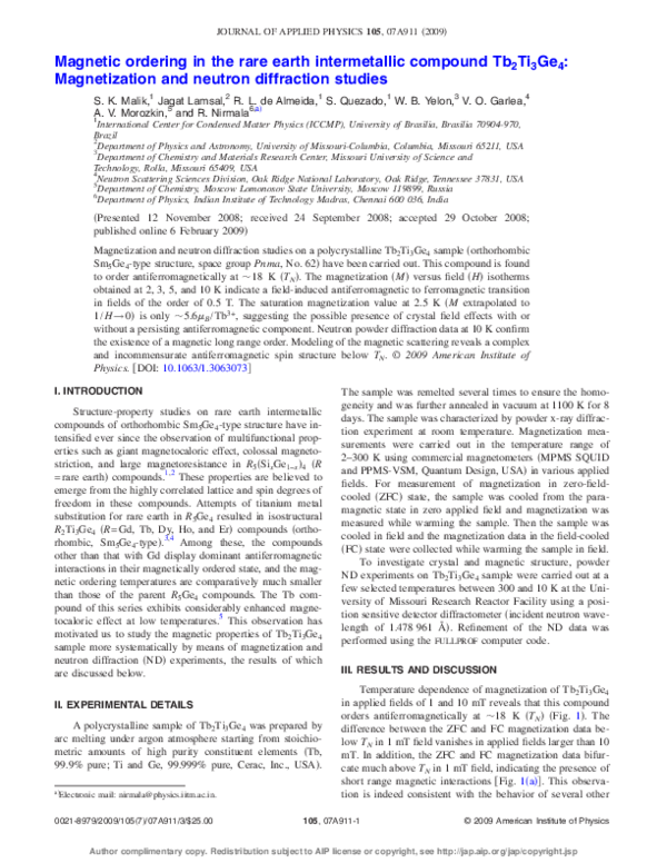 (PDF) Magnetic ordering in the rare earth intermetallic compound Tb[sub ...