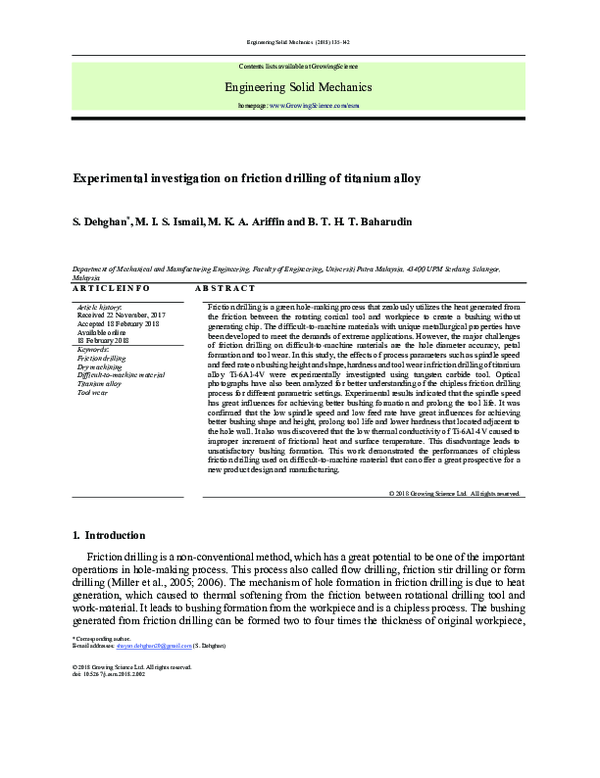 (PDF) Experimental investigation on friction drilling of titanium alloy