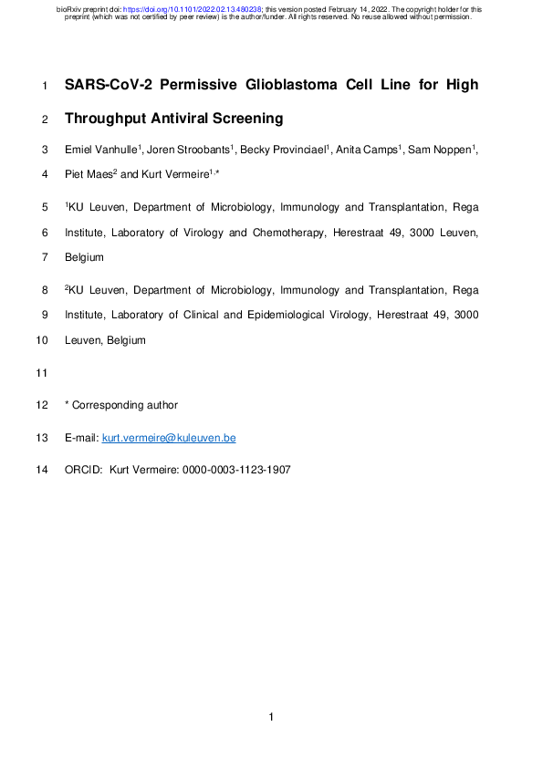 (PDF) SARS-CoV-2 Permissive Glioblastoma Cell Line for High Throughput ...