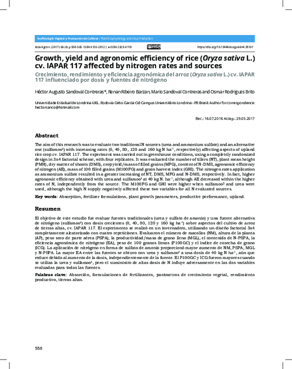 (PDF) Growth, yield and agronomic efficiency of rice (Oryza sativa L ...