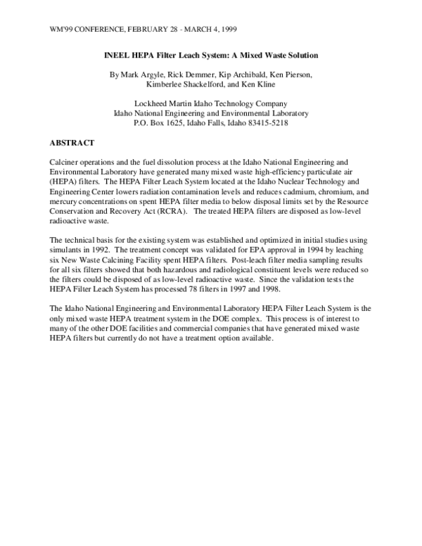 (PDF) INEEL HEPA Filter Leach System A Mixed Waste Solution Rick