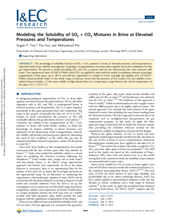 (PDF) Modeling the Solubility of SO 2 + CO 2 Mixtures in Brine at ...