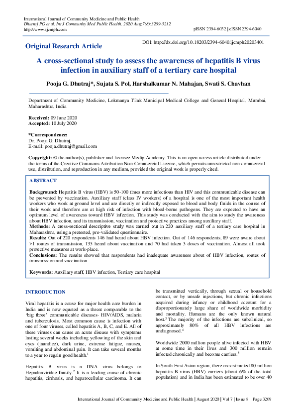 (PDF) A cross-sectional study to assess the awareness of hepatitis B ...