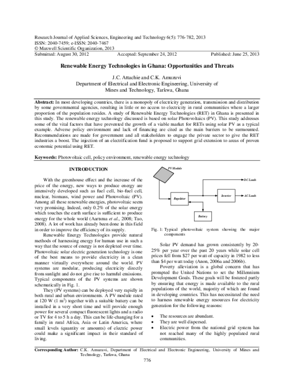 (PDF) Renewable Energy Technologies in Ghana: Opportunities and Threats