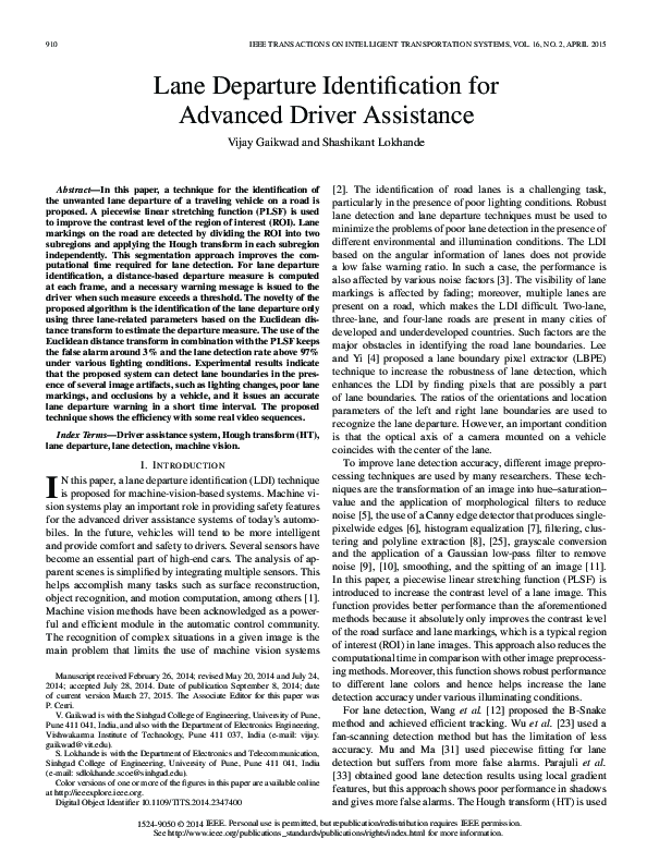 (PDF) Lane Departure Identification for Advanced Driver Assistance