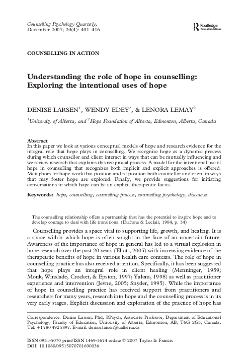 (PDF) Understanding the role of hope in counselling: Exploring the ...