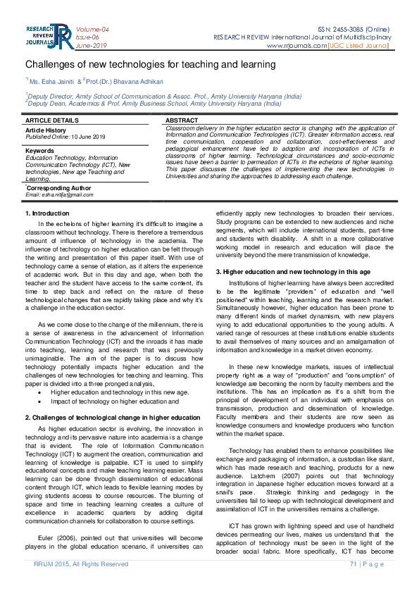 (PDF) Challenges of new technologies for teaching and learning