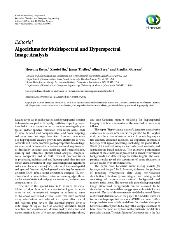 (PDF) Algorithms for Multispectral and Hyperspectral Image Analysis