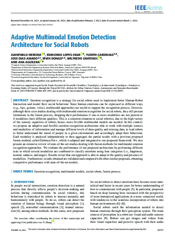 (PDF) Adaptive Multimodal Emotion Detection Architecture for Social Robots