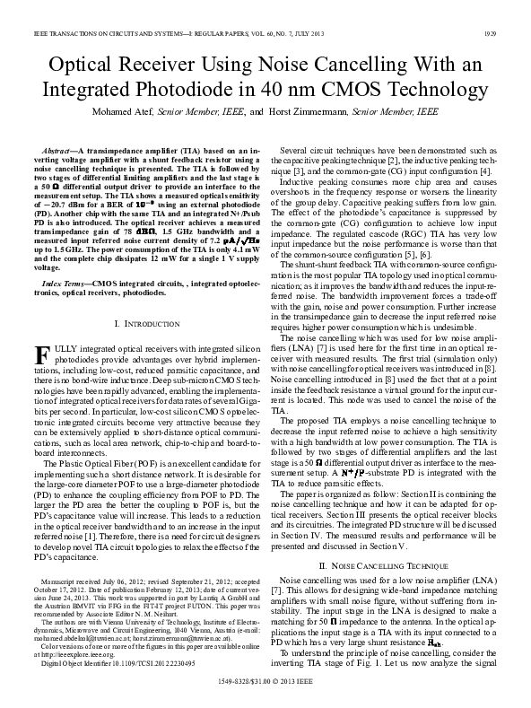 (PDF) Optical Receiver Using Noise Cancelling With an Integrated Photodiode in 40 nm CMOS