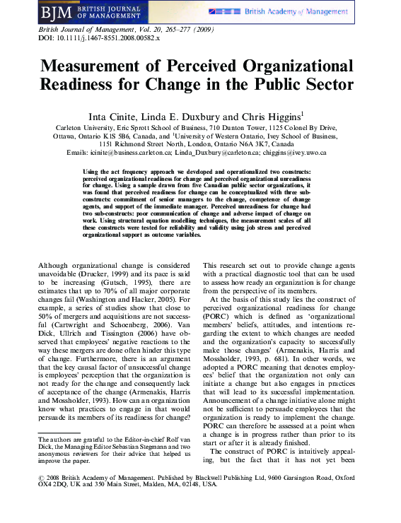 (PDF) Measurement of Perceived Organizational Readiness for Change in ...
