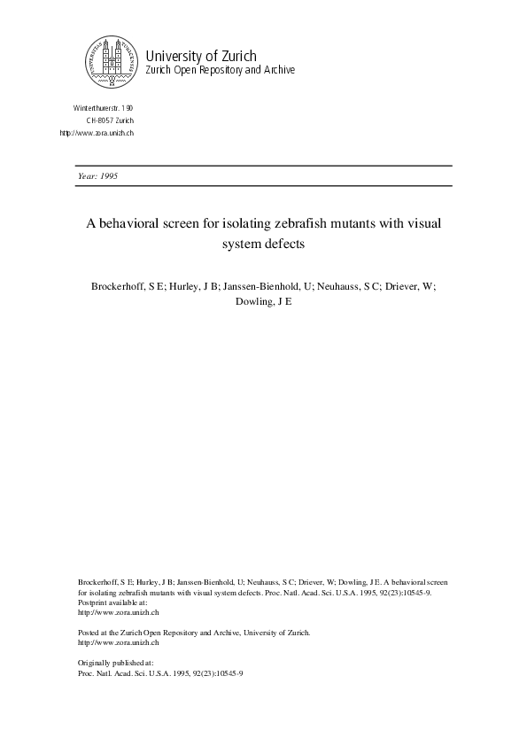 (PDF) A behavioral screen for isolating zebrafish mutants with visual ...