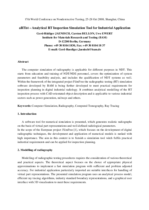 (PDF) – Analytical RT Inspection Simulation Tool for Industrial Application