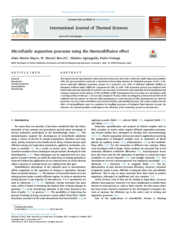 (PDF) Microfluidic separation processes using the thermodiffusion effect