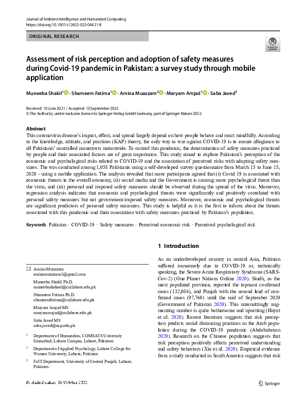 (PDF) Assessment of risk perception and adoption of safety measures ...