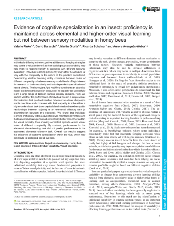 (PDF) Evidence of cognitive specialization in an insect: proficiency is ...