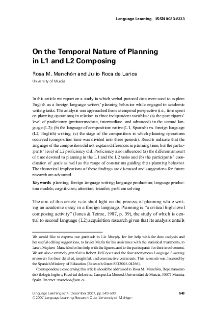 (PDF) On the Temporal Nature of Planning in L1 and L2 Composing
