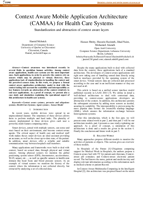 (PDF) Context aware mobile application architecture (CAMAA) for health ...