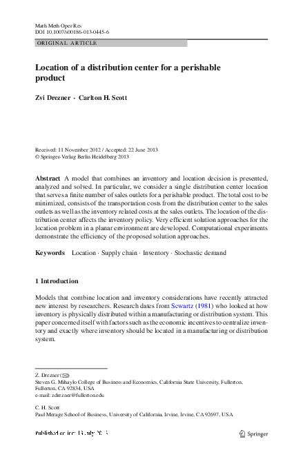 (PDF) Location of a distribution center for a perishable product