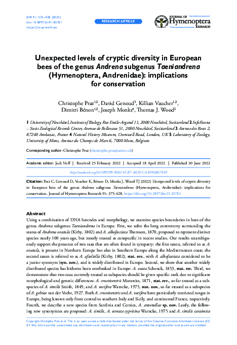 (PDF) Unexpected levels of cryptic diversity in European bees of the ...