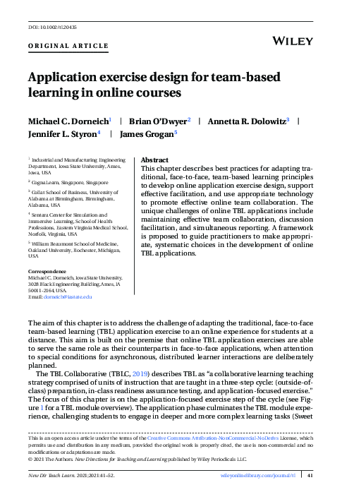 (PDF) Application exercise design for team‐based learning in online ...