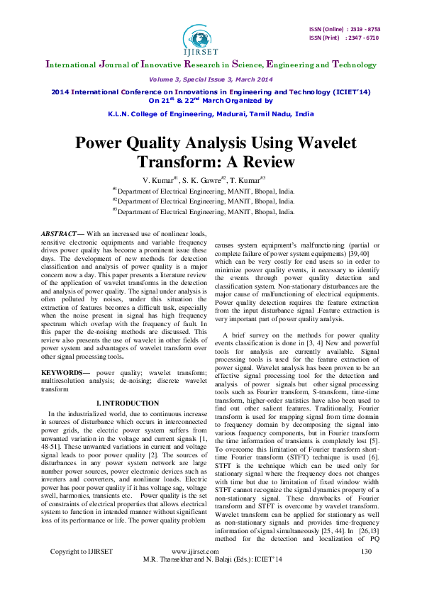 (PDF) Power Quality Analysis Using Wavelet Transform A Review
