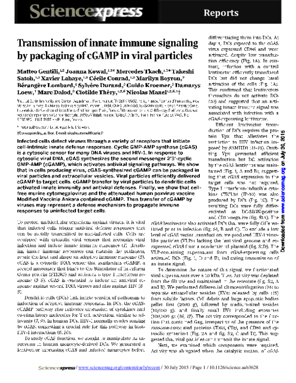 (PDF) Transmission of innate immune signaling by packaging of cGAMP in ...