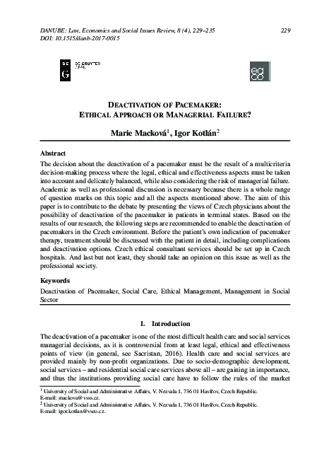 (PDF) Deactivation of Pacemaker: Ethical Approach or Managerial Failure?