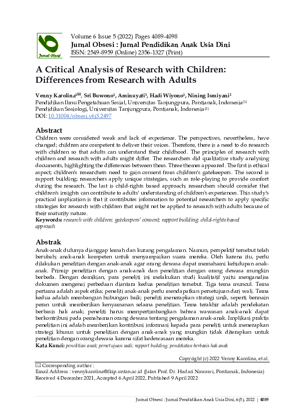 (PDF) A Critical Analysis of Research with Children: Differences from ...