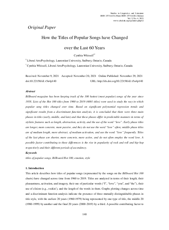 (PDF) How the Titles of Popular Songs have Changed over the Last 60 Years