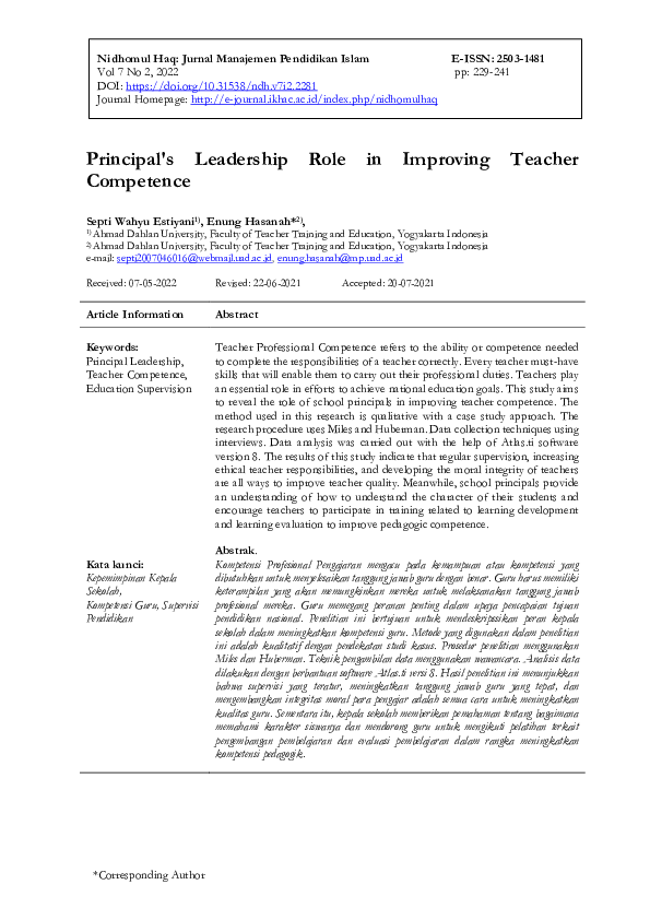 (PDF) Principal's Leadership Role in Improving Teacher Competence