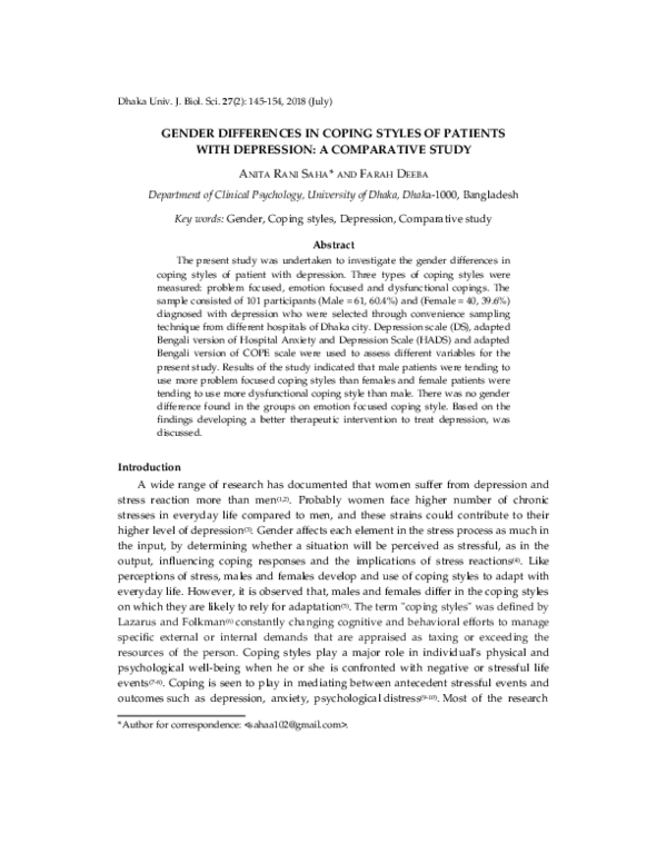 (PDF) Gender differences in coping styles of patients with depression ...