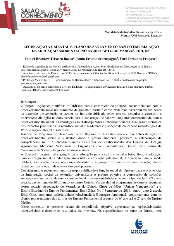 (PDF) Legislação Ambiental e Plano De Saneamento Básico Em Uma Ação De ...