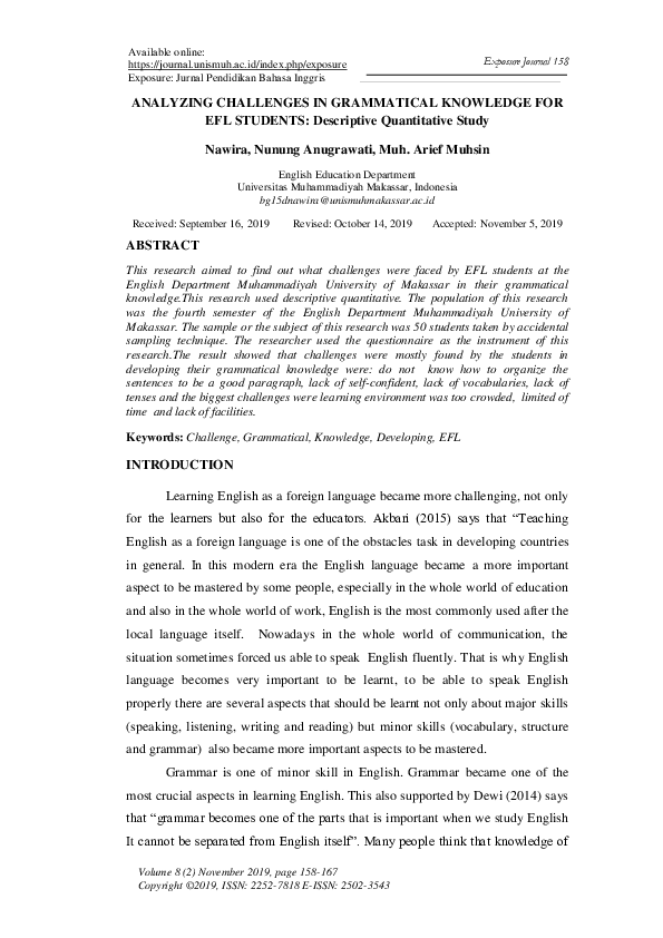  pdf analyzing challenges in grammatical knowledge for efl students