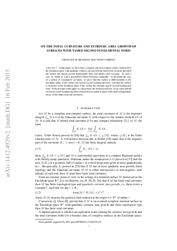 (PDF) On the total curvature and extrinsic area growth of surfaces with ...