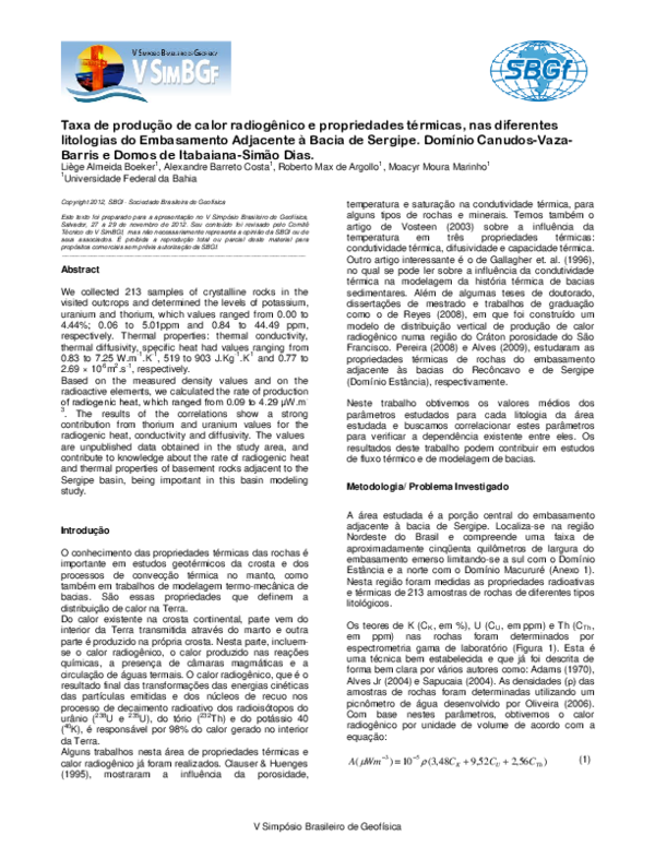 (PDF) Taxa de produção de calor radiogênico e propriedades térmicas ...