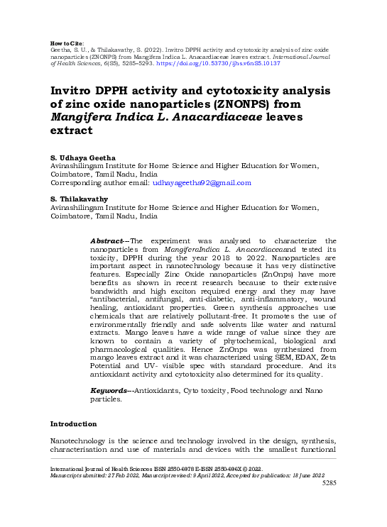 (PDF) Invitro DPPH activity and cytotoxicity analysis of zinc oxide ...