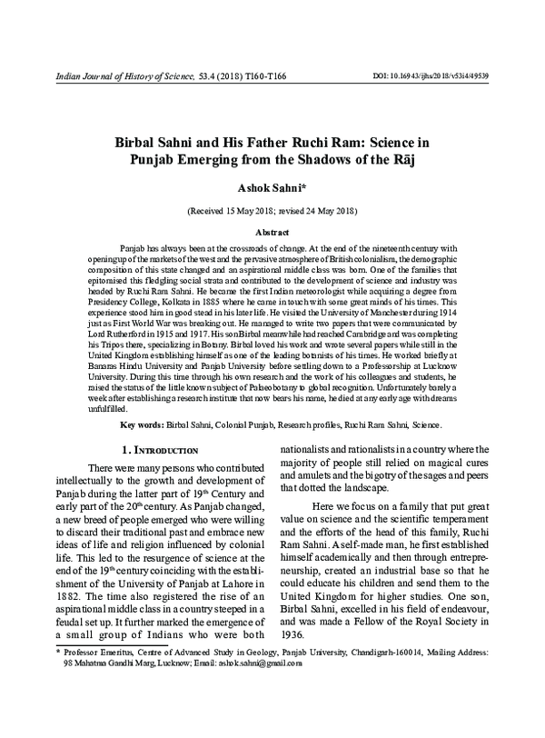 (PDF) Birbal Sahni and His Father Ruchi Ram: Science in Punjab Emerging ...
