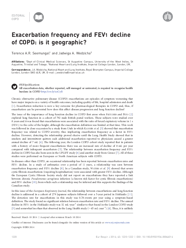 (PDF) Exacerbation frequency and FEV1 decline of COPD: is it geographic?