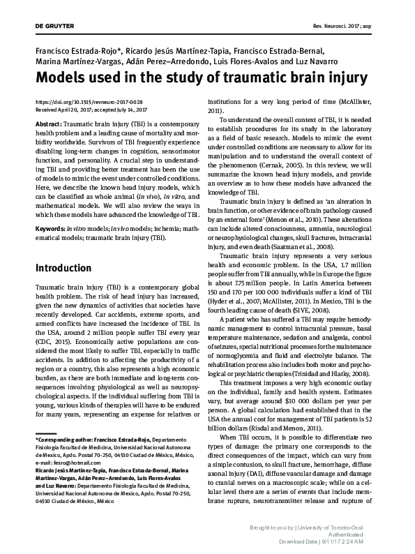 (PDF) Models used in the study of traumatic brain injury