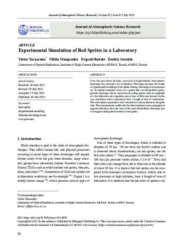 (PDF) Experimental Simulation of Red Sprites in a Laboratory