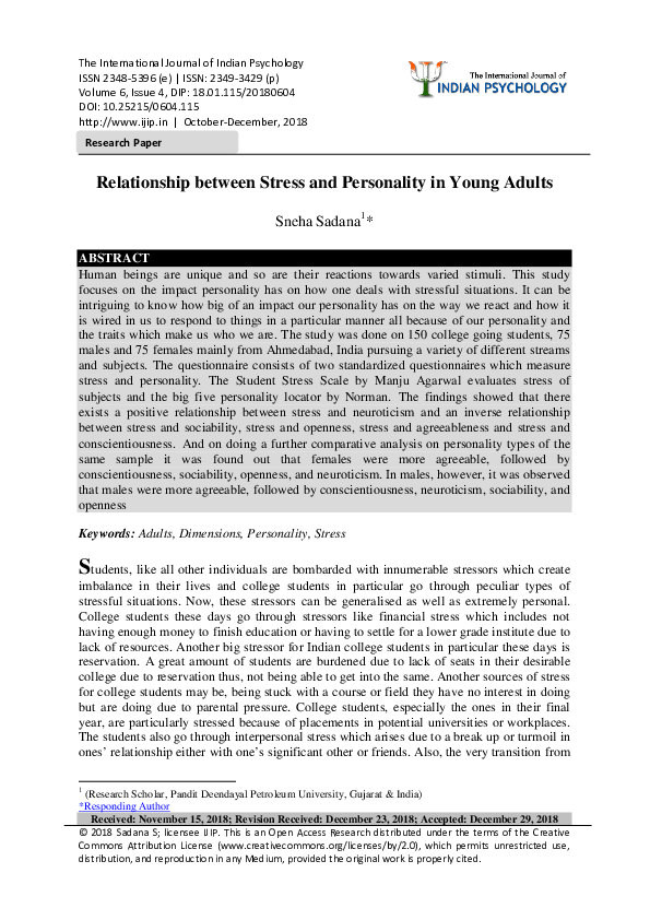 (PDF) Relationship between Stress and Personality in Young Adults