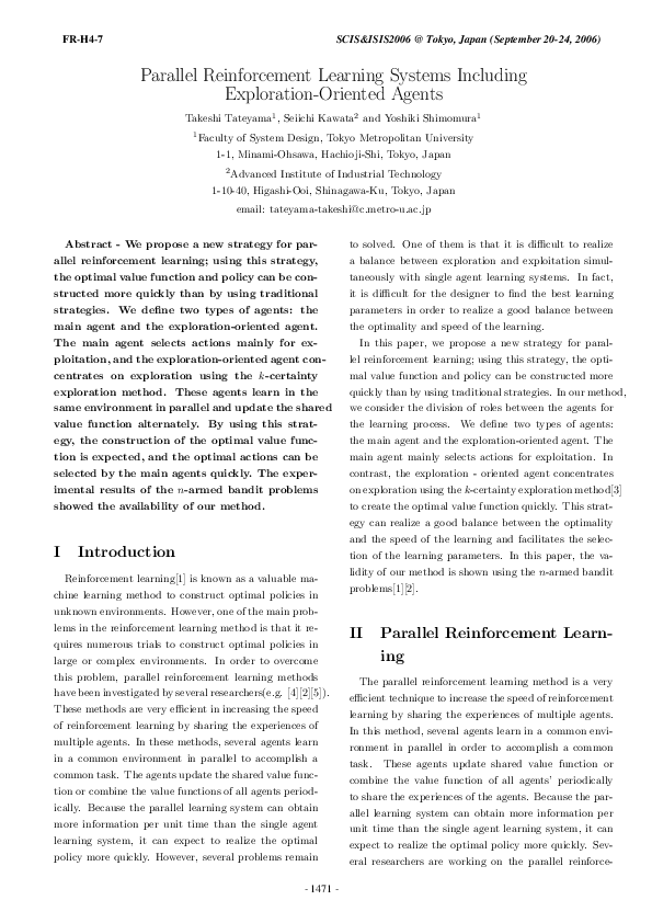 (PDF) Parallel Reinforcement Learing Systems Including Exploration ...