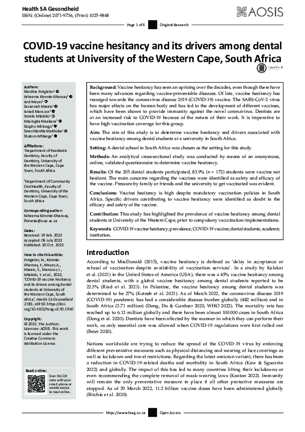 (PDF) COVID-19 vaccine hesitancy and its drivers among dental students ...