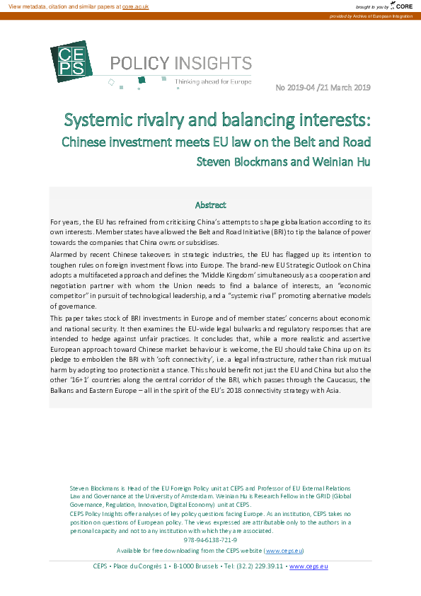 (PDF) Systemic rivalry and balancing interests:Chinese investment meets ...