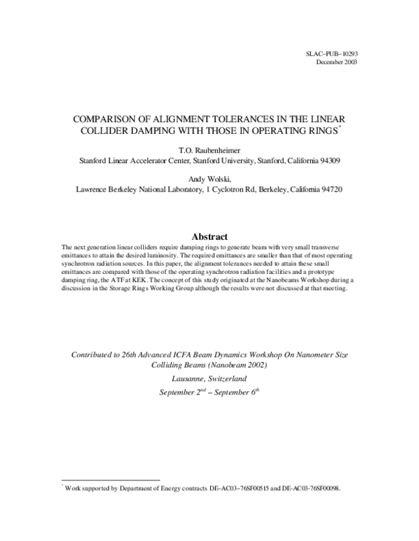 (PDF) Comparison of Alignment Tolerances in the Linear Collider Damping ...