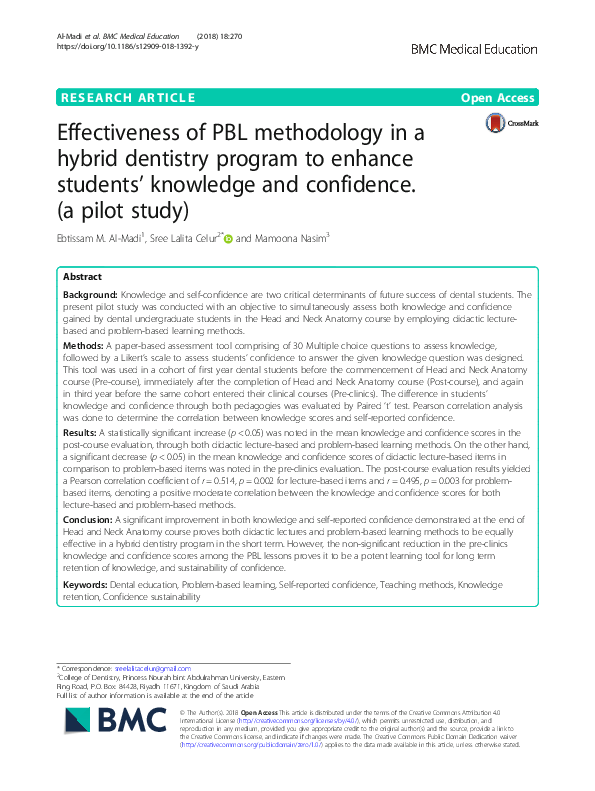 (PDF) Effectiveness of PBL methodology in a hybrid dentistry program to ...