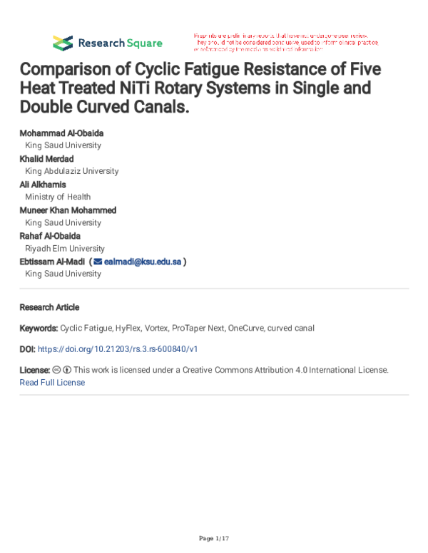 (PDF) Comparison of Cyclic Fatigue Resistance of Five Heat Treated NiTi ...