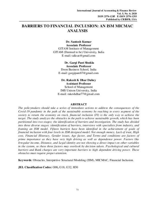 (PDF) Barriers to Financial Inclusion: An Ism Micmac Analysis